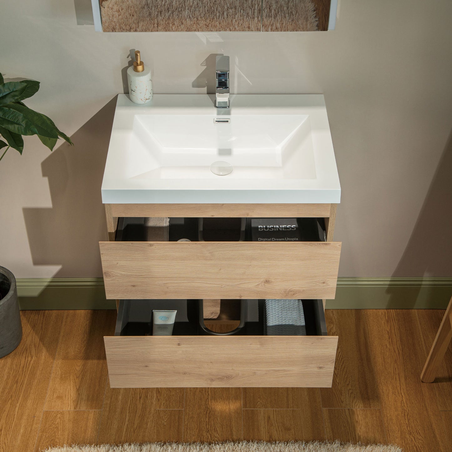 WOODBRIDGE | Wall-Mounted Floating Bathroom Vanity with | Glossy White Resin Top & Natural Oak Cabinet