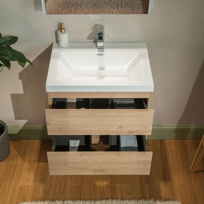 WOODBRIDGE | Wall-Mounted Floating Bathroom Vanity with | Glossy White Resin Top & Natural Oak Cabinet