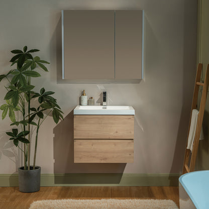 WOODBRIDGE | Wall-Mounted Floating Bathroom Vanity with | Glossy White Resin Top & Natural Oak Cabinet