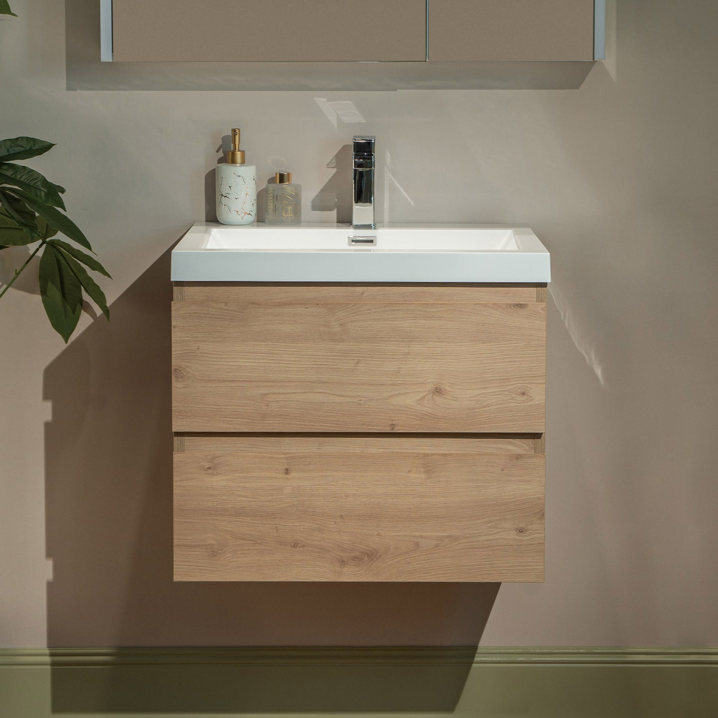 WOODBRIDGE | Wall-Mounted Floating Bathroom Vanity with | Glossy White Resin Top & Natural Oak Cabinet