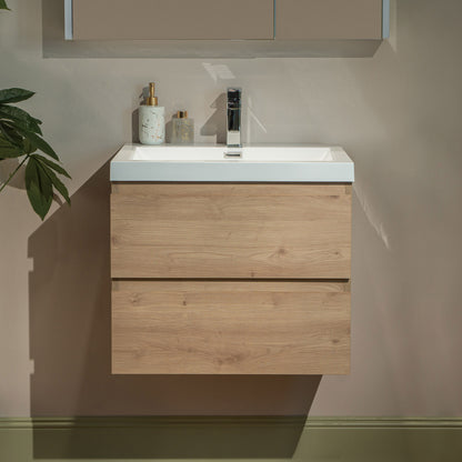 WOODBRIDGE | Wall-Mounted Floating Bathroom Vanity with | Glossy White Resin Top & Natural Oak Cabinet