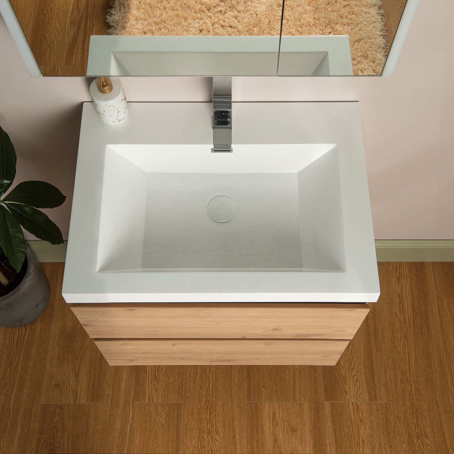 WOODBRIDGE | Wall-Mounted Floating Bathroom Vanity with | Glossy White Resin Top & Natural Oak Cabinet