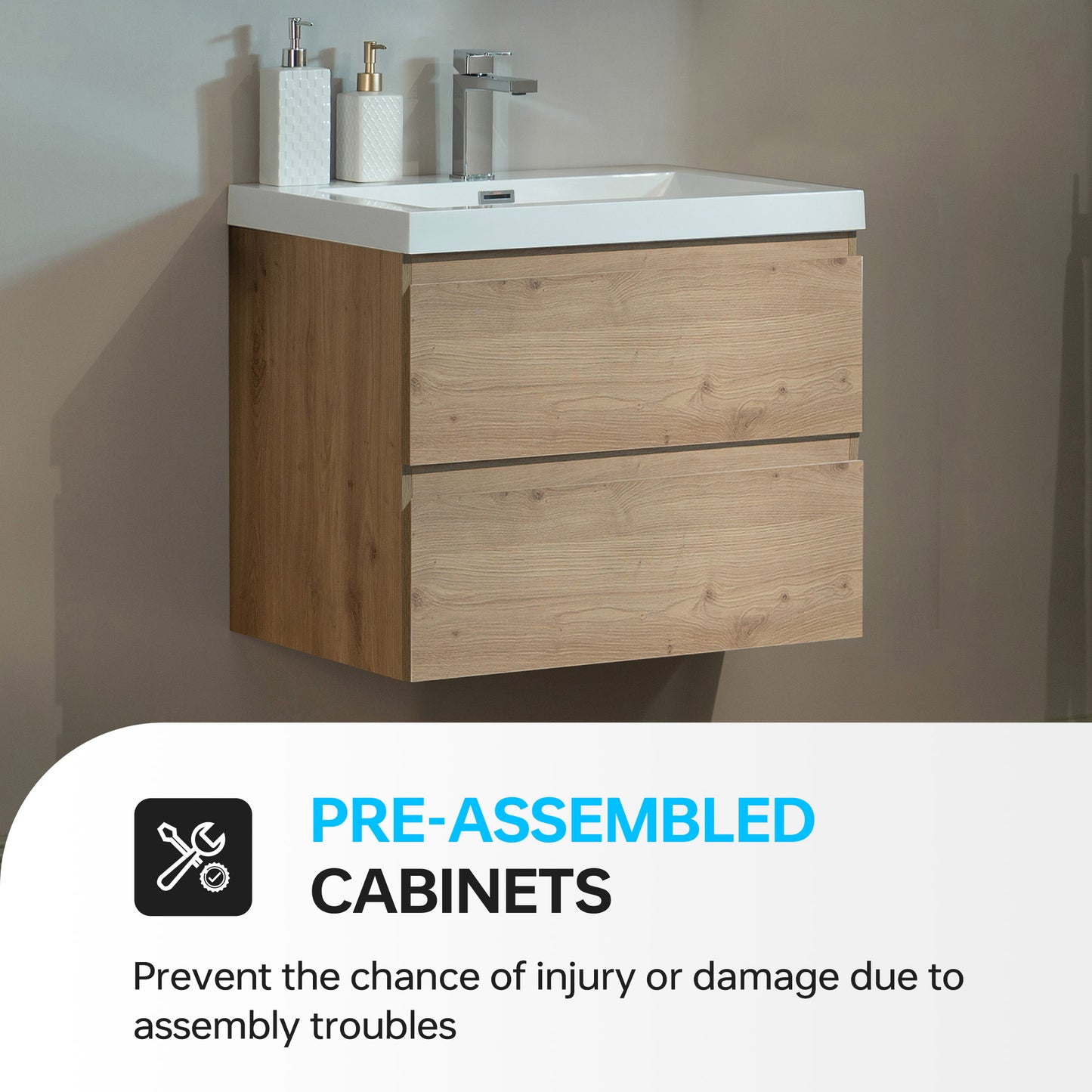 WOODBRIDGE | Wall-Mounted Floating Bathroom Vanity with | Glossy White Resin Top & Natural Oak Cabinet