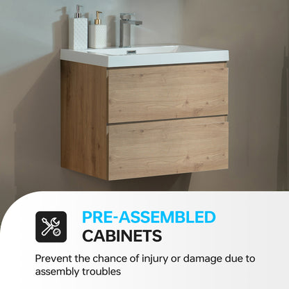 WOODBRIDGE | Wall-Mounted Floating Bathroom Vanity with | Glossy White Resin Top & Natural Oak Cabinet