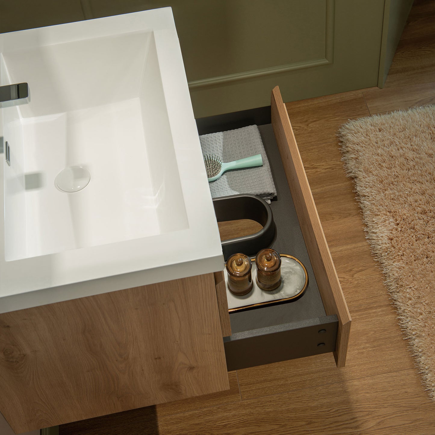 WOODBRIDGE | Wall-Mounted Floating Bathroom Vanity with | Glossy White Resin Top & Natural Oak Cabinet