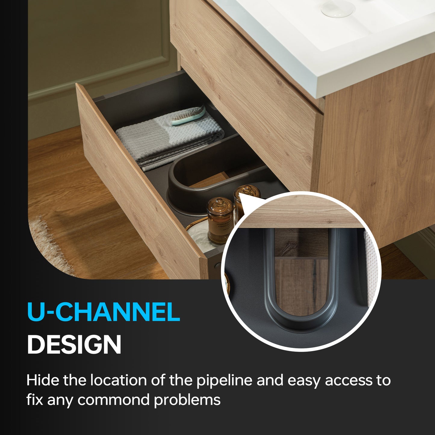 WOODBRIDGE | Wall-Mounted Floating Bathroom Vanity with | Glossy White Resin Top & Natural Oak Cabinet