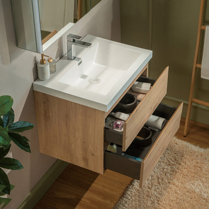 WOODBRIDGE | Wall-Mounted Floating Bathroom Vanity with | Glossy White Resin Top & Natural Oak Cabinet