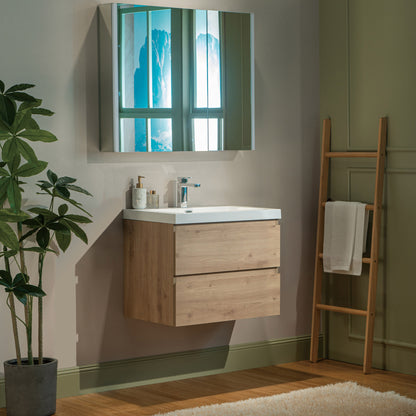 WOODBRIDGE | Wall-Mounted Floating Bathroom Vanity with | Glossy White Resin Top & Natural Oak Cabinet