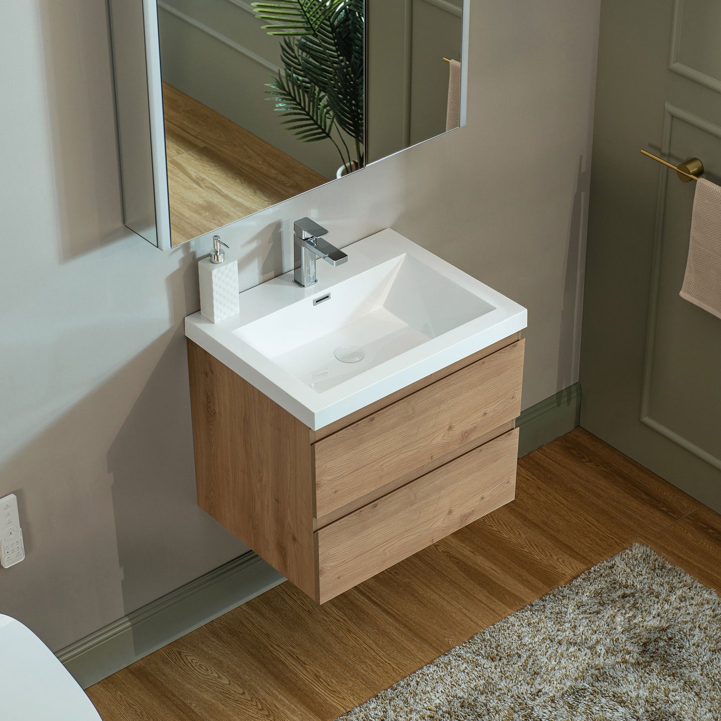 WOODBRIDGE | Wall-Mounted Floating Bathroom Vanity with | Glossy White Resin Top & Natural Oak Cabinet
