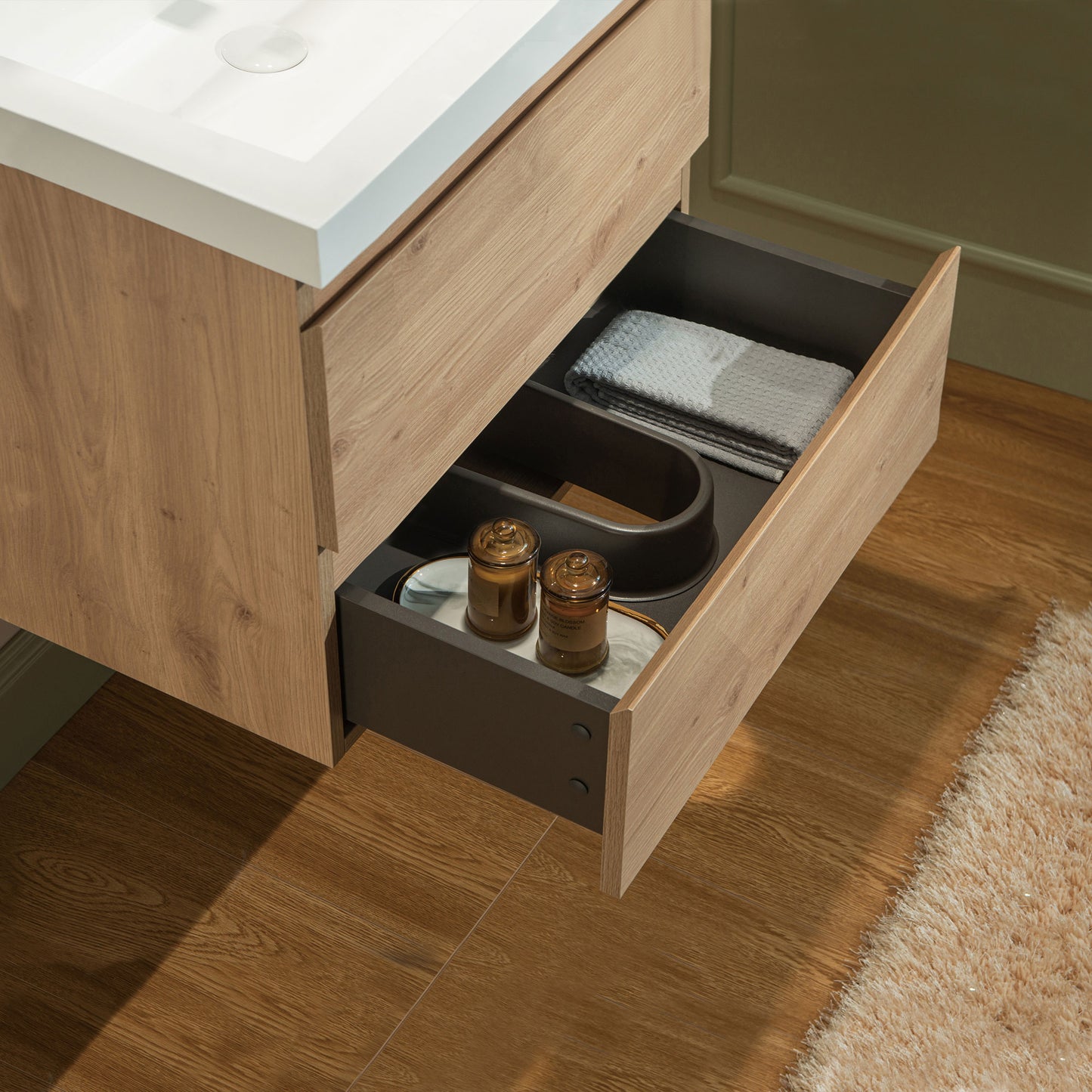 WOODBRIDGE | Wall-Mounted Floating Bathroom Vanity with | Glossy White Resin Top & Natural Oak Cabinet