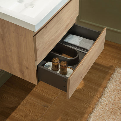 WOODBRIDGE | Wall-Mounted Floating Bathroom Vanity with | Glossy White Resin Top & Natural Oak Cabinet