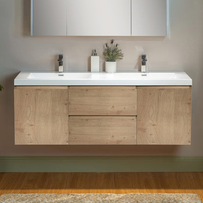 WOODBRIDGE | Wall-Mounted Floating Bathroom Vanity with | Glossy White Resin Top & Natural Oak Cabinet