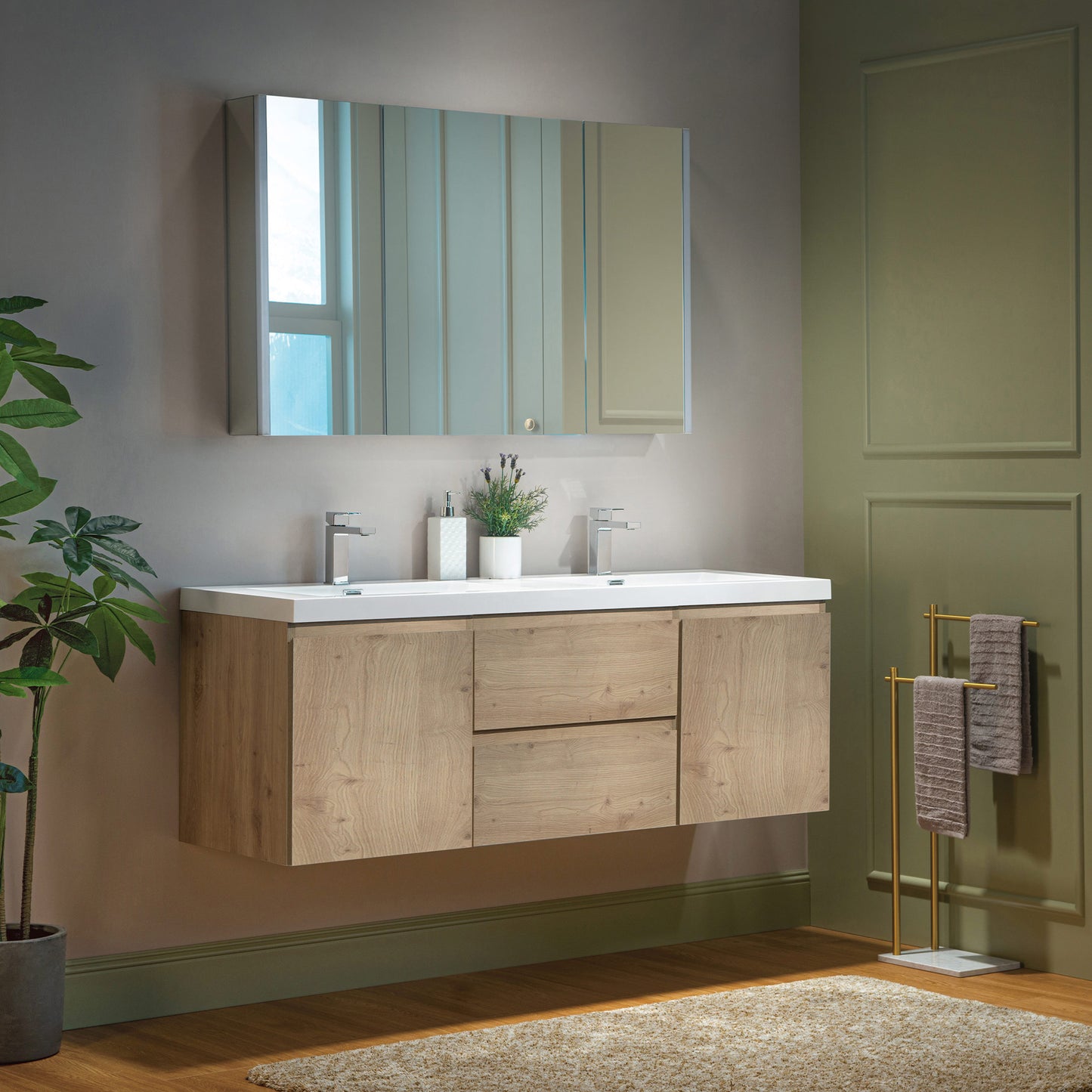 WOODBRIDGE | Wall-Mounted Floating Bathroom Vanity with | Glossy White Resin Top & Natural Oak Cabinet