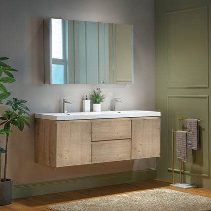 WOODBRIDGE | Wall-Mounted Floating Bathroom Vanity with | Glossy White Resin Top & Natural Oak Cabinet