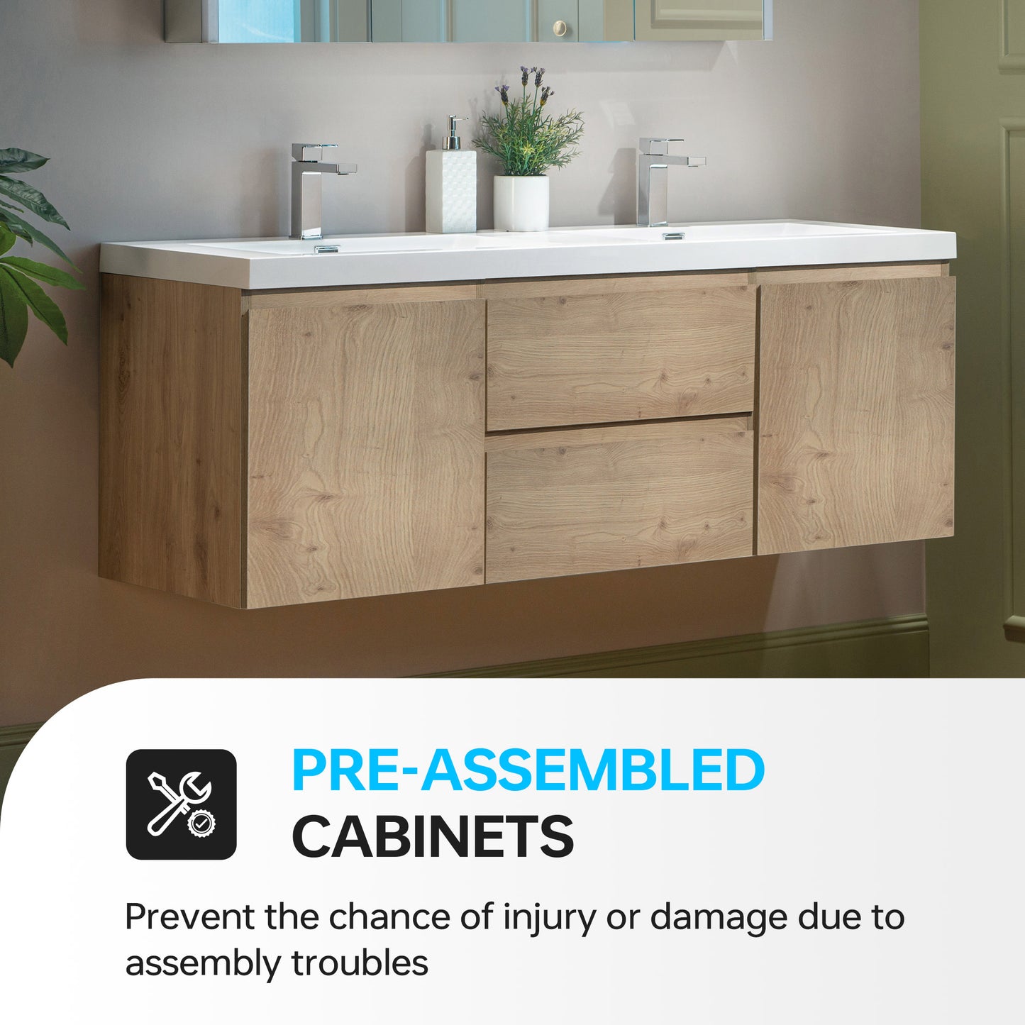 WOODBRIDGE | Wall-Mounted Floating Bathroom Vanity with | Glossy White Resin Top & Natural Oak Cabinet
