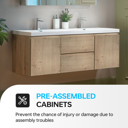 WOODBRIDGE | Wall-Mounted Floating Bathroom Vanity with | Glossy White Resin Top & Natural Oak Cabinet