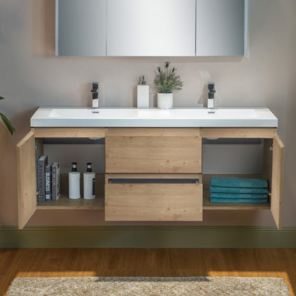WOODBRIDGE | Wall-Mounted Floating Bathroom Vanity with | Glossy White Resin Top & Natural Oak Cabinet