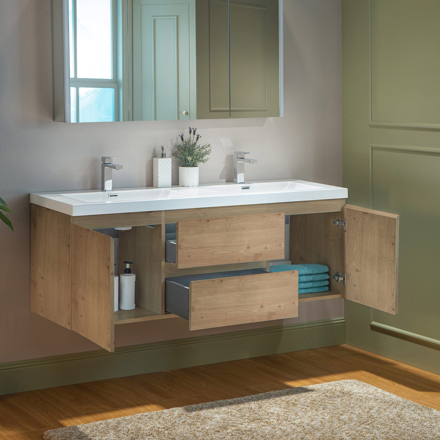 WOODBRIDGE | Wall-Mounted Floating Bathroom Vanity with | Glossy White Resin Top & Natural Oak Cabinet