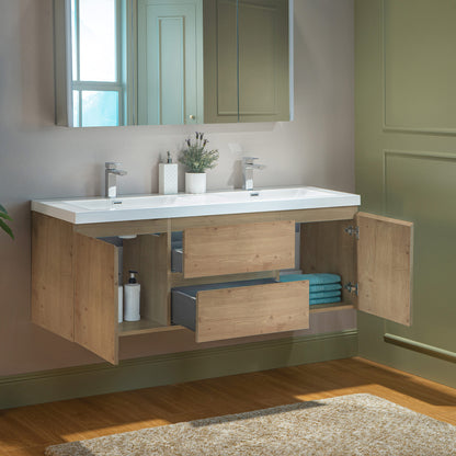 WOODBRIDGE | Wall-Mounted Floating Bathroom Vanity with | Glossy White Resin Top & Natural Oak Cabinet