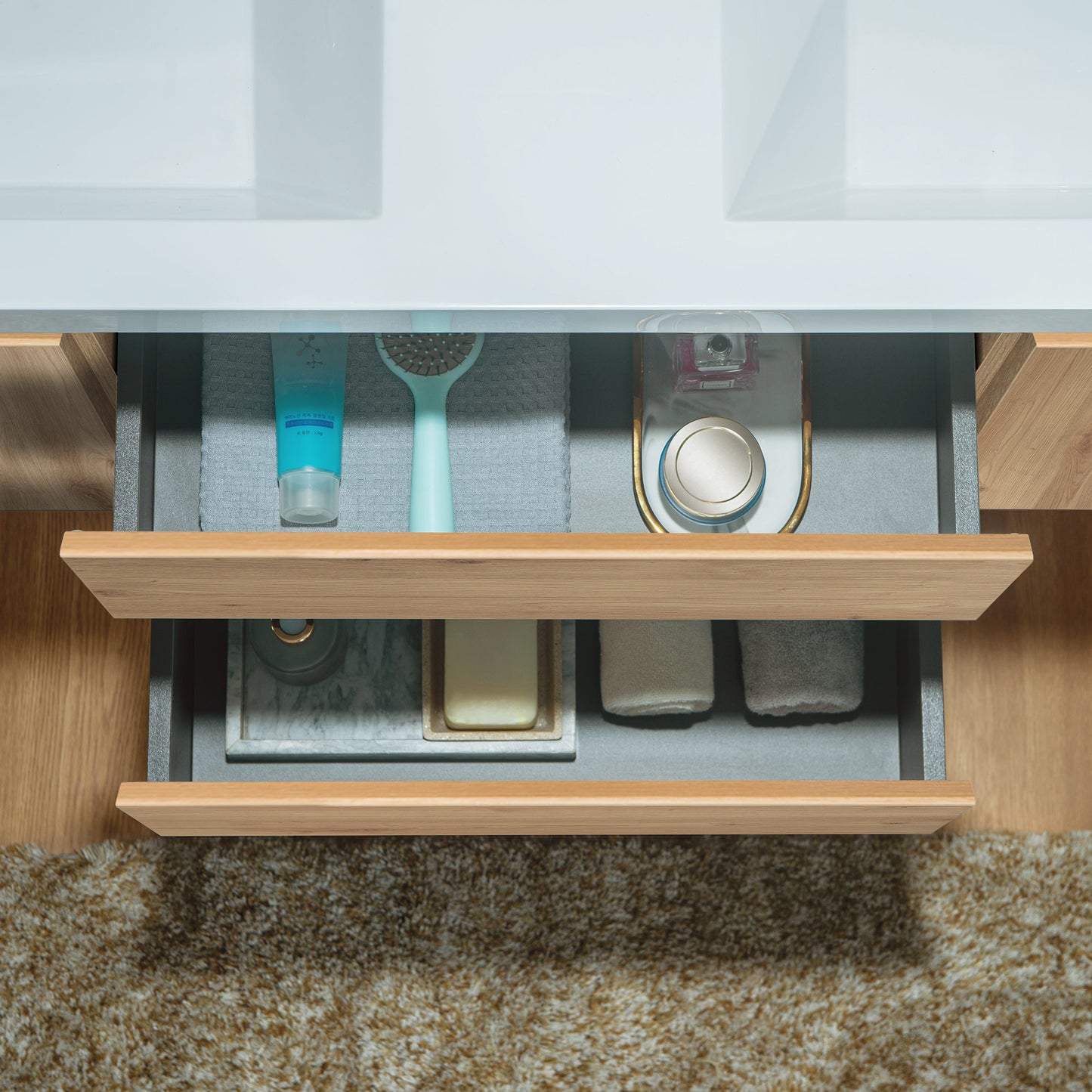 WOODBRIDGE | Wall-Mounted Floating Bathroom Vanity with | Glossy White Resin Top & Natural Oak Cabinet