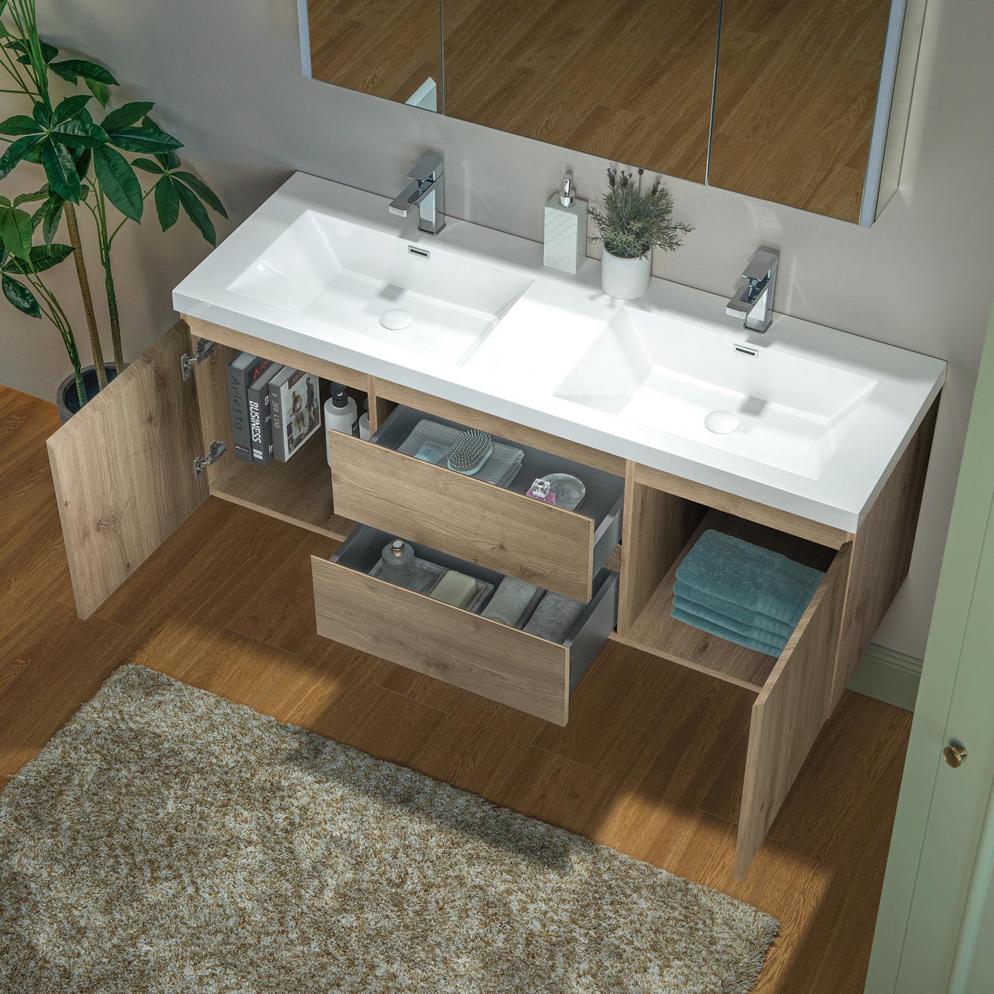 WOODBRIDGE | Wall-Mounted Floating Bathroom Vanity with | Glossy White Resin Top & Natural Oak Cabinet