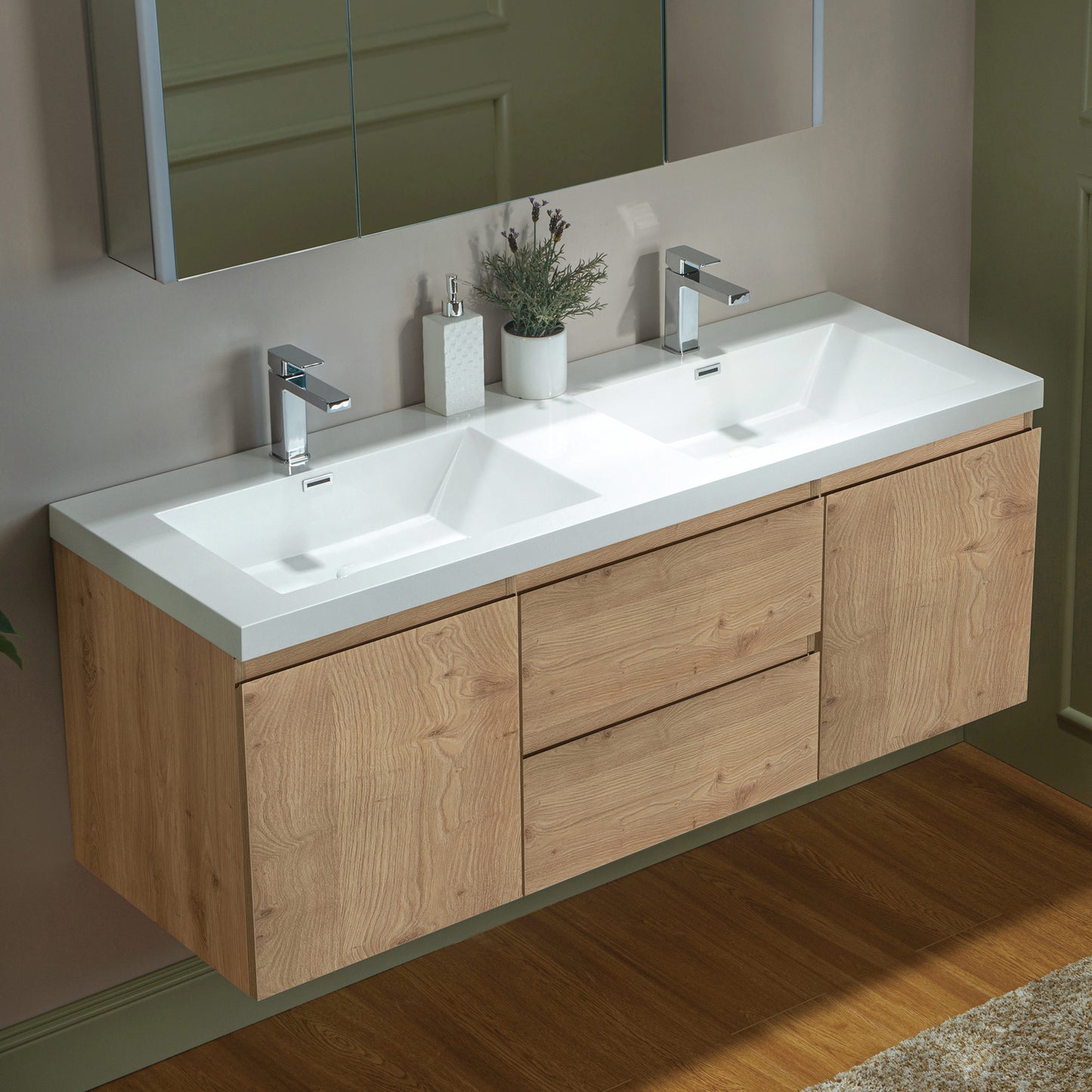 WOODBRIDGE | Wall-Mounted Floating Bathroom Vanity with | Glossy White Resin Top & Natural Oak Cabinet