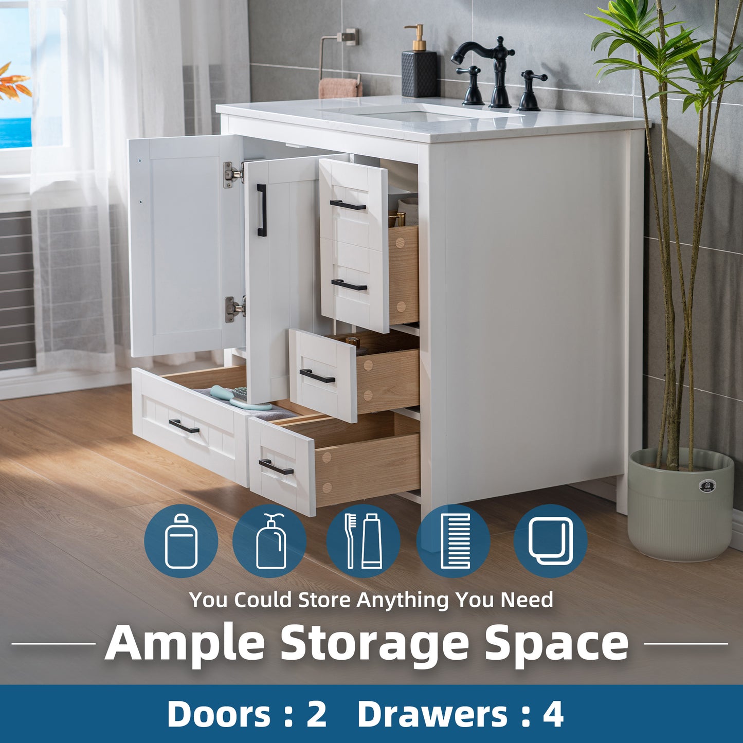 WOODBRIDGE | Freestanding Bathroom Vanity | with Stone Top, Undermount Rectangle Sink, Rubberwood Cabinet & White Finish
