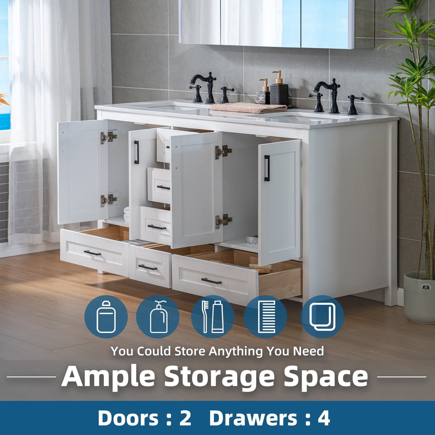 WOODBRIDGE | Freestanding Bathroom Vanity | with Stone Top, Undermount Rectangle Sink, Rubberwood Cabinet & White Finish