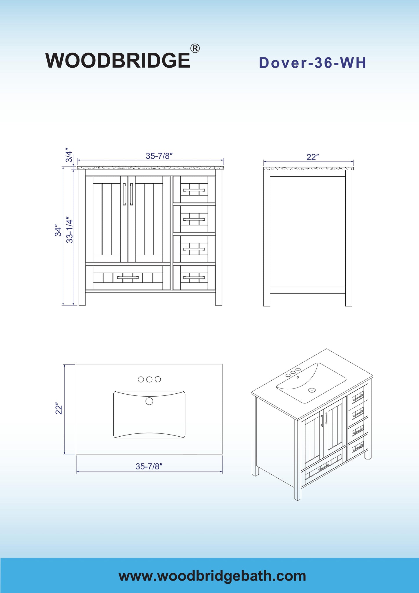 WOODBRIDGE | Freestanding Bathroom Vanity | with Stone Top, Undermount Rectangle Sink, Rubberwood Cabinet & White Finish