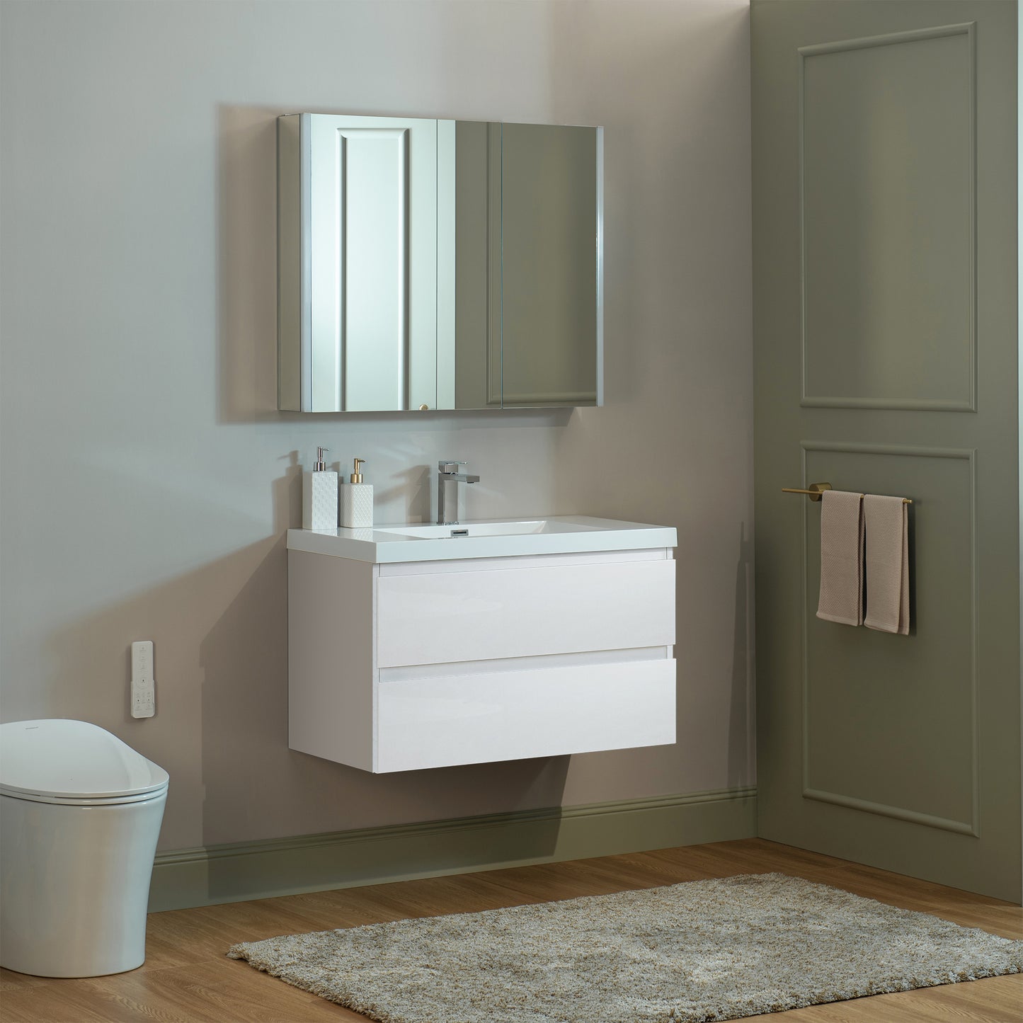 WOODBRIDGE | Wall-Mounted Floating Bathroom Vanity | Glossy White Resin Top | White Cabinet