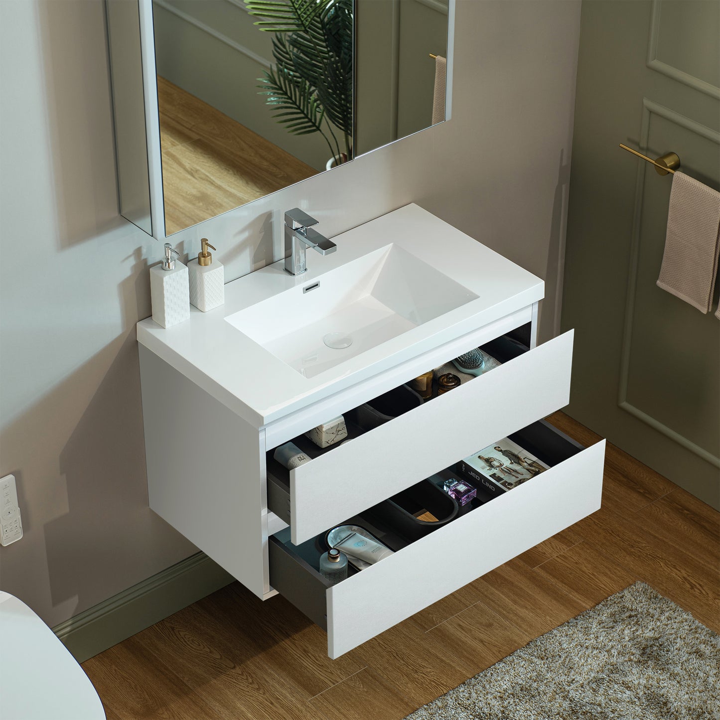 WOODBRIDGE | Wall-Mounted Floating Bathroom Vanity | Glossy White Resin Top | White Cabinet