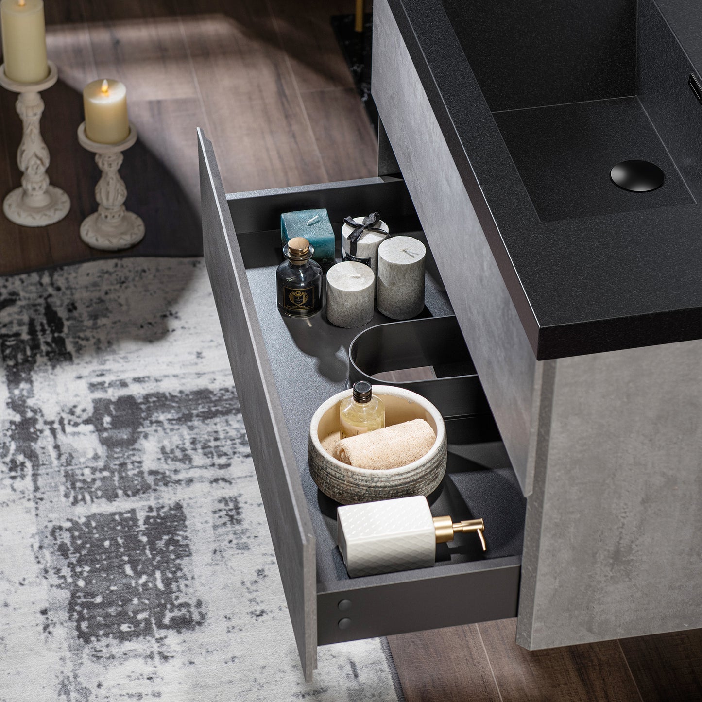 WOODBRIDGE | Floating Bathroom Vanity with Black Quartz Composite Top | Gray Finish | Matte Black Countertop Sink