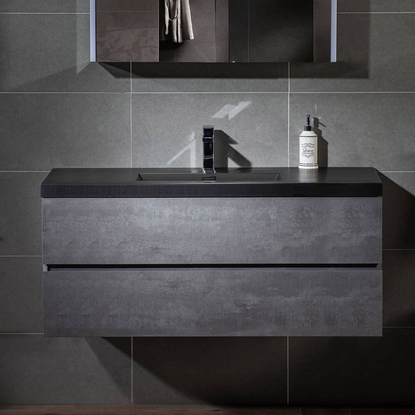 WOODBRIDGE | Floating Bathroom Vanity with Black Quartz Composite Top | Gray Finish | Matte Black Countertop Sink