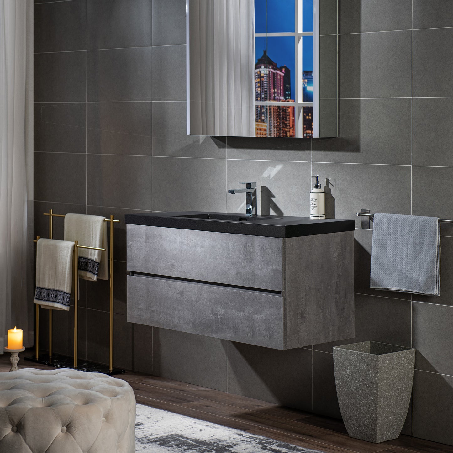 WOODBRIDGE | Floating Bathroom Vanity with Black Quartz Composite Top | Gray Finish | Matte Black Countertop Sink