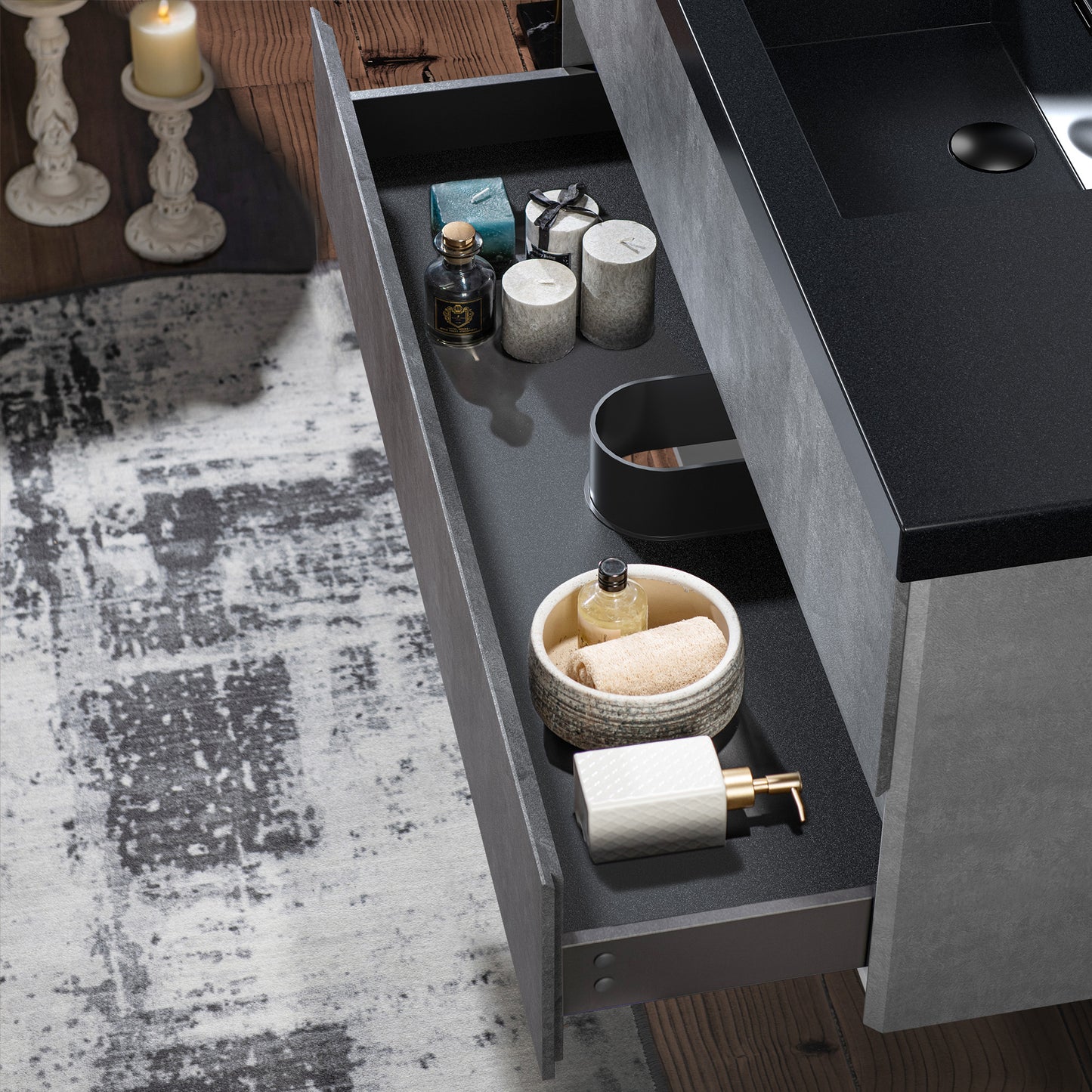 WOODBRIDGE | Floating Bathroom Vanity with Black Quartz Composite Top | Gray Finish | Matte Black Countertop Sink