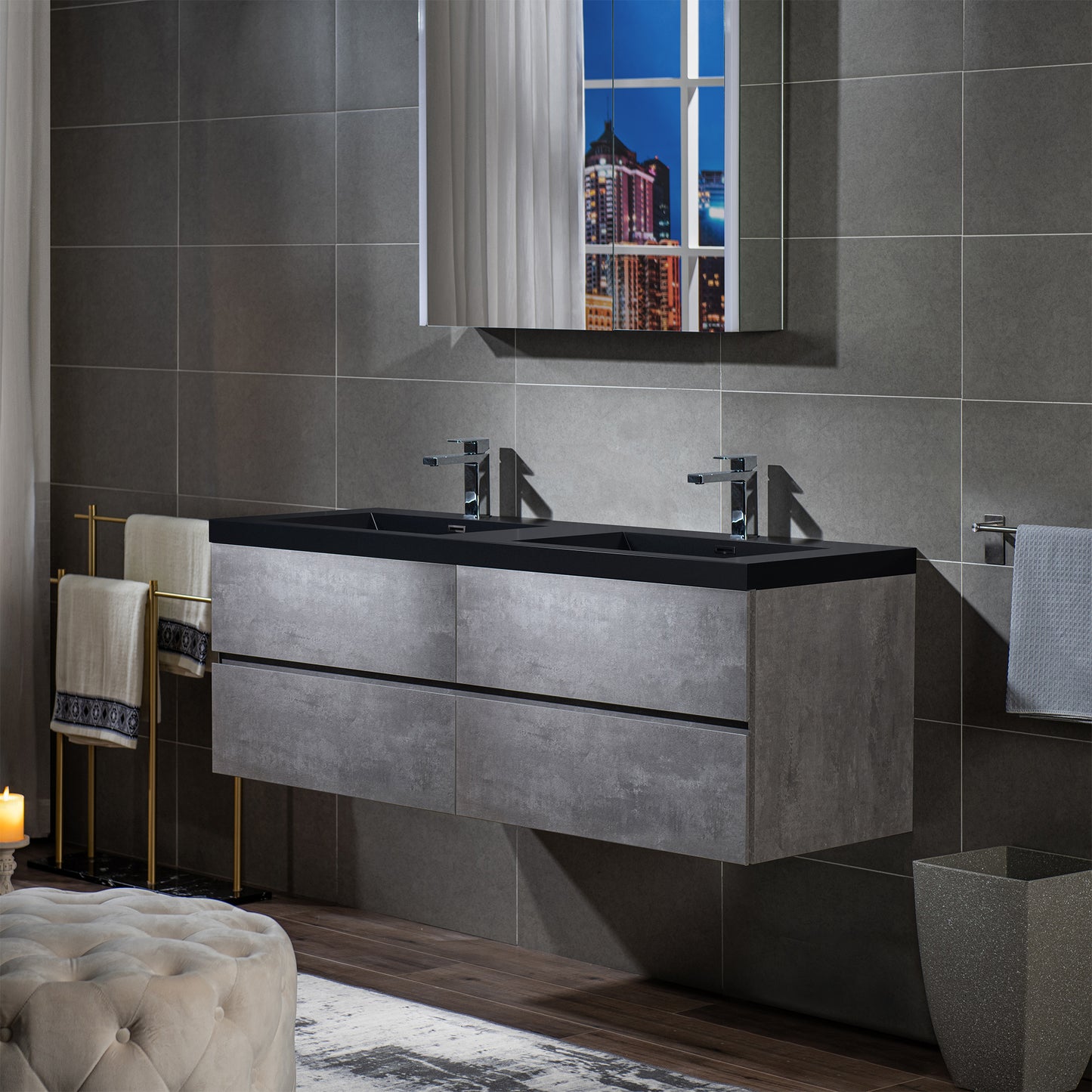 WOODBRIDGE | Floating Bathroom Vanity with Black Quartz Composite Top | Gray Finish | Matte Black Countertop Sink