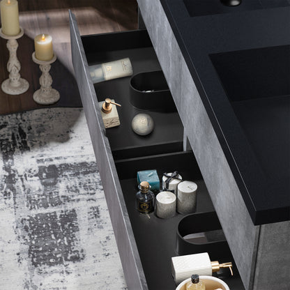 WOODBRIDGE | Floating Bathroom Vanity with Black Quartz Composite Top | Gray Finish | Matte Black Countertop Sink