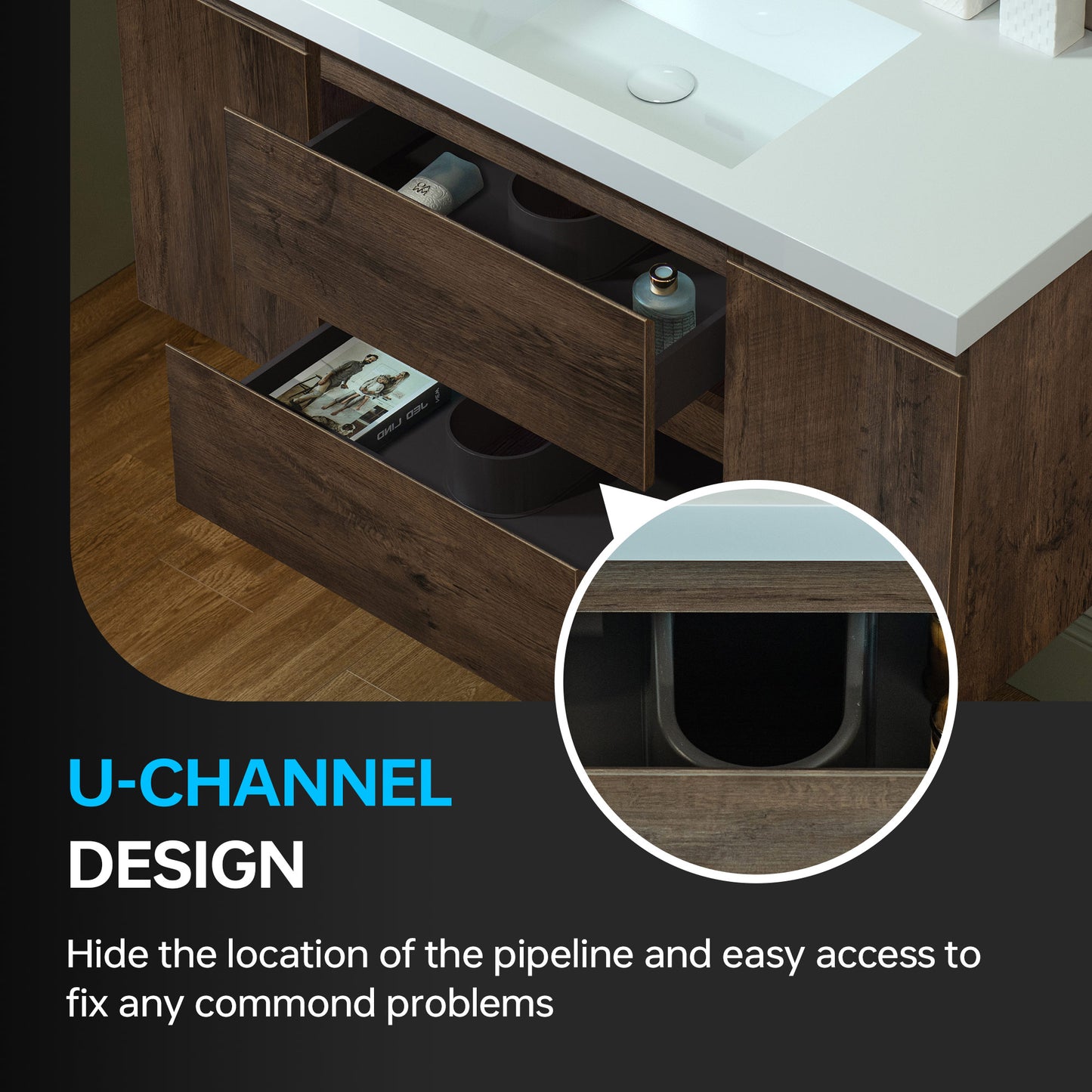 WOODBRIDGE | Wall-Mounted Floating Bathroom Vanity | with Glossy White Resin Top & Rose Wood Cabinet