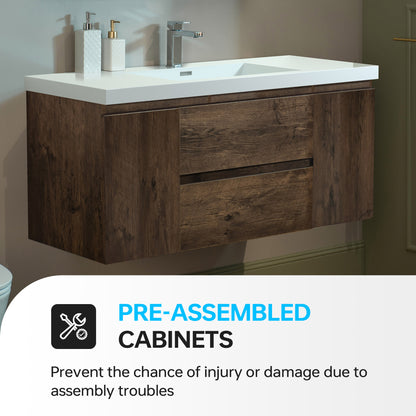 WOODBRIDGE | Wall-Mounted Floating Bathroom Vanity | with Glossy White Resin Top & Rose Wood Cabinet