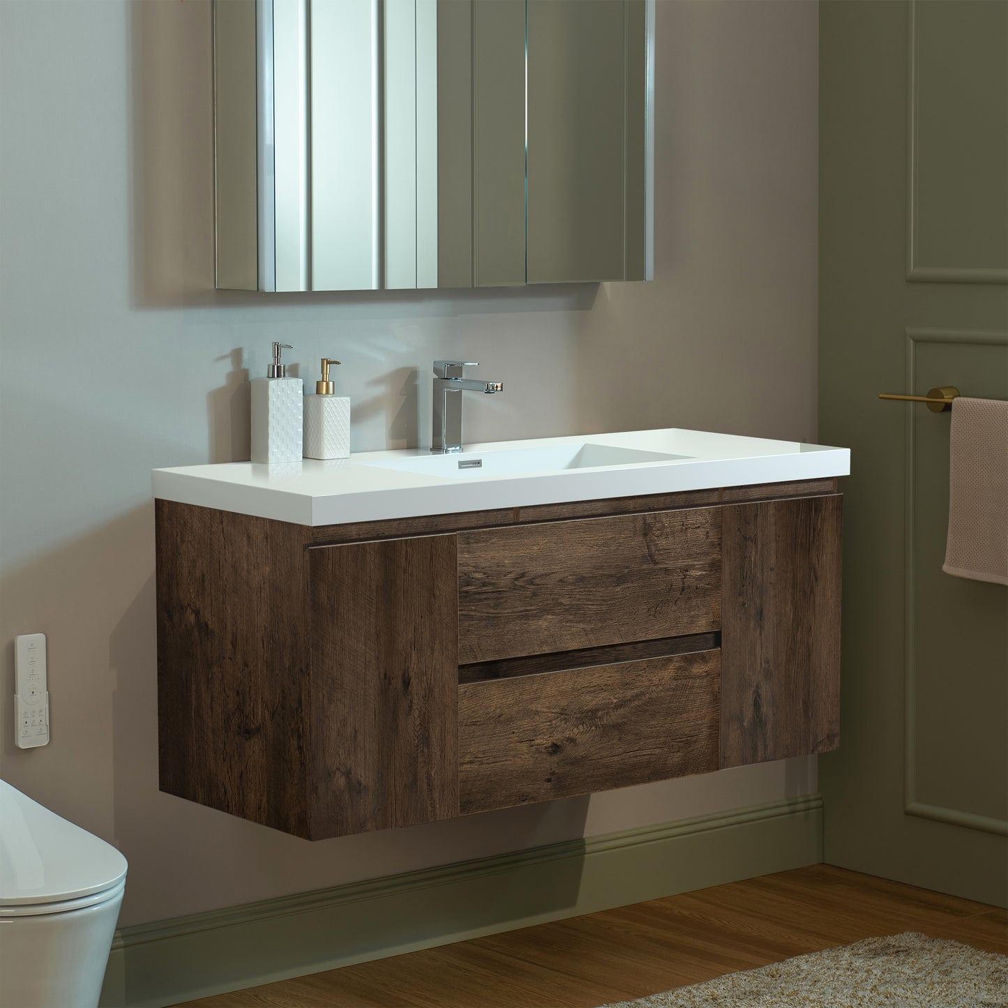 WOODBRIDGE | Wall-Mounted Floating Bathroom Vanity | with Glossy White Resin Top & Rose Wood Cabinet