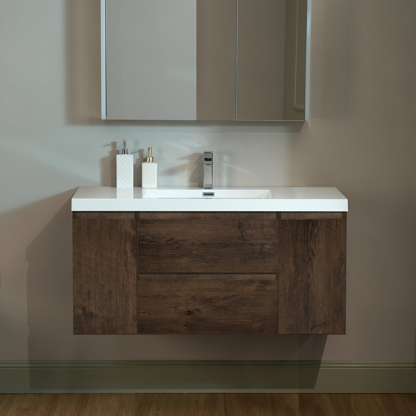 WOODBRIDGE | Wall-Mounted Floating Bathroom Vanity | with Glossy White Resin Top & Rose Wood Cabinet