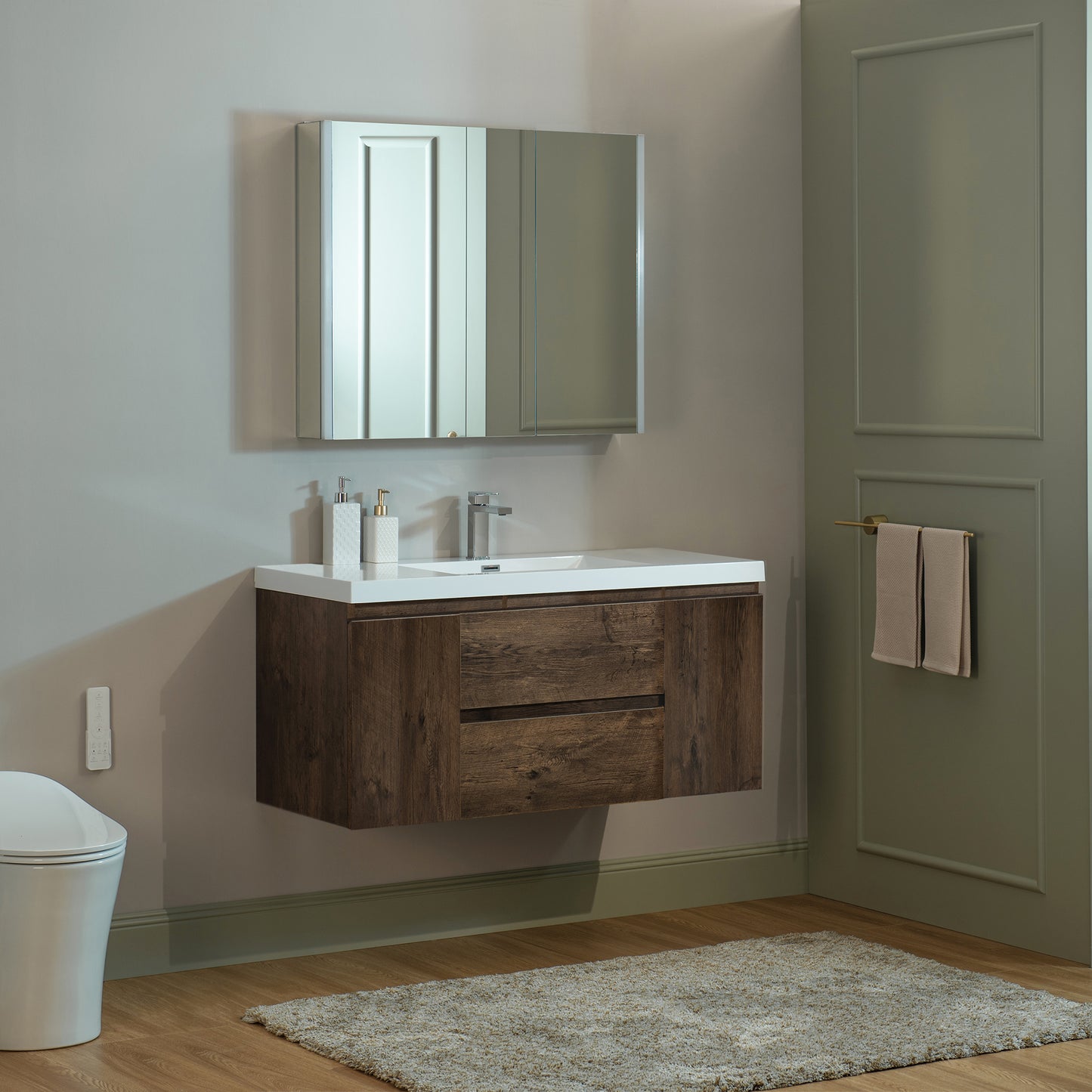 WOODBRIDGE | Wall-Mounted Floating Bathroom Vanity | with Glossy White Resin Top & Rose Wood Cabinet