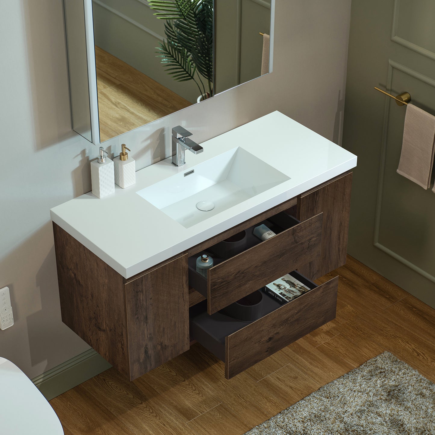WOODBRIDGE | Wall-Mounted Floating Bathroom Vanity | with Glossy White Resin Top & Rose Wood Cabinet