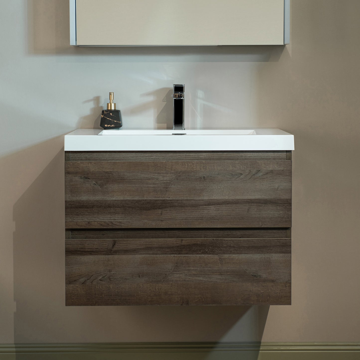 WOODBRIDGE | Wall-Mounted Floating Bathroom Vanity | Glossy White Resin Top | Gray Oak Cabinet