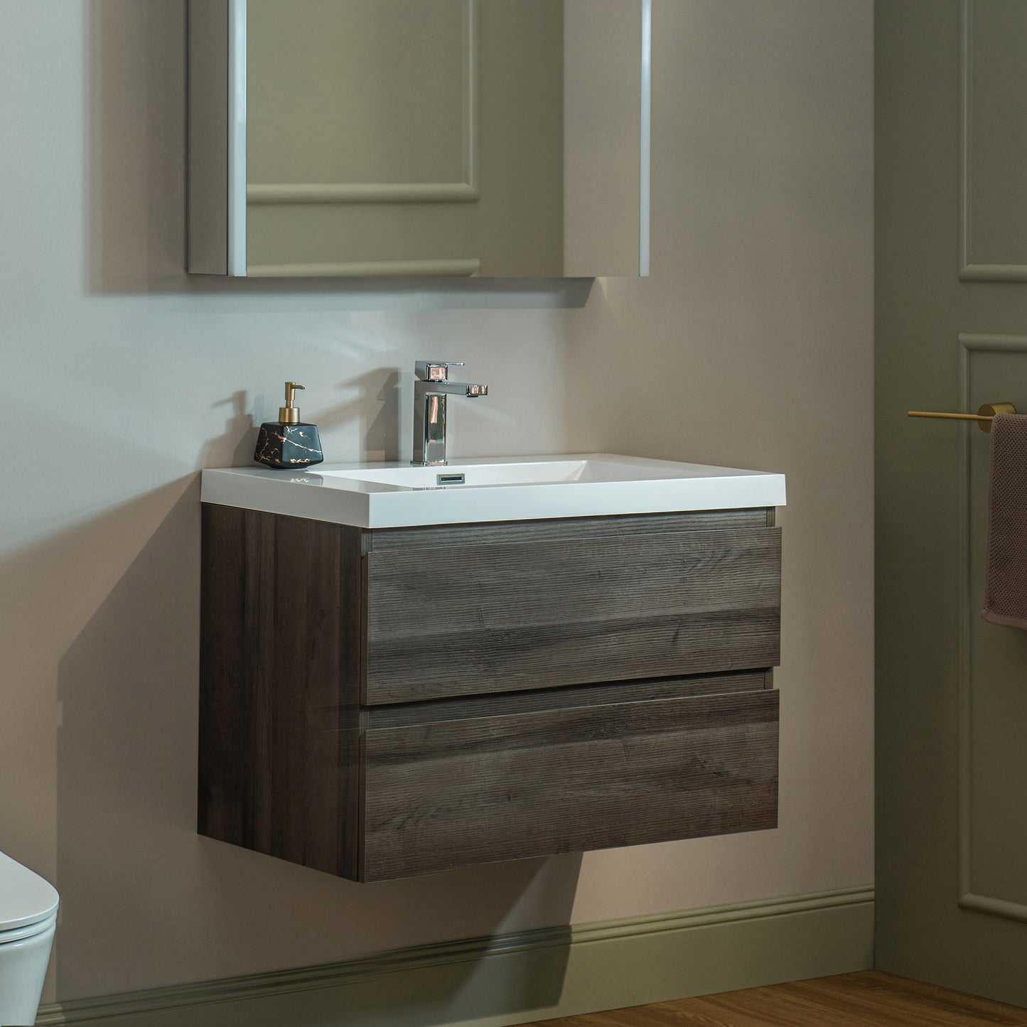 WOODBRIDGE | Wall-Mounted Floating Bathroom Vanity | Glossy White Resin Top | Gray Oak Cabinet