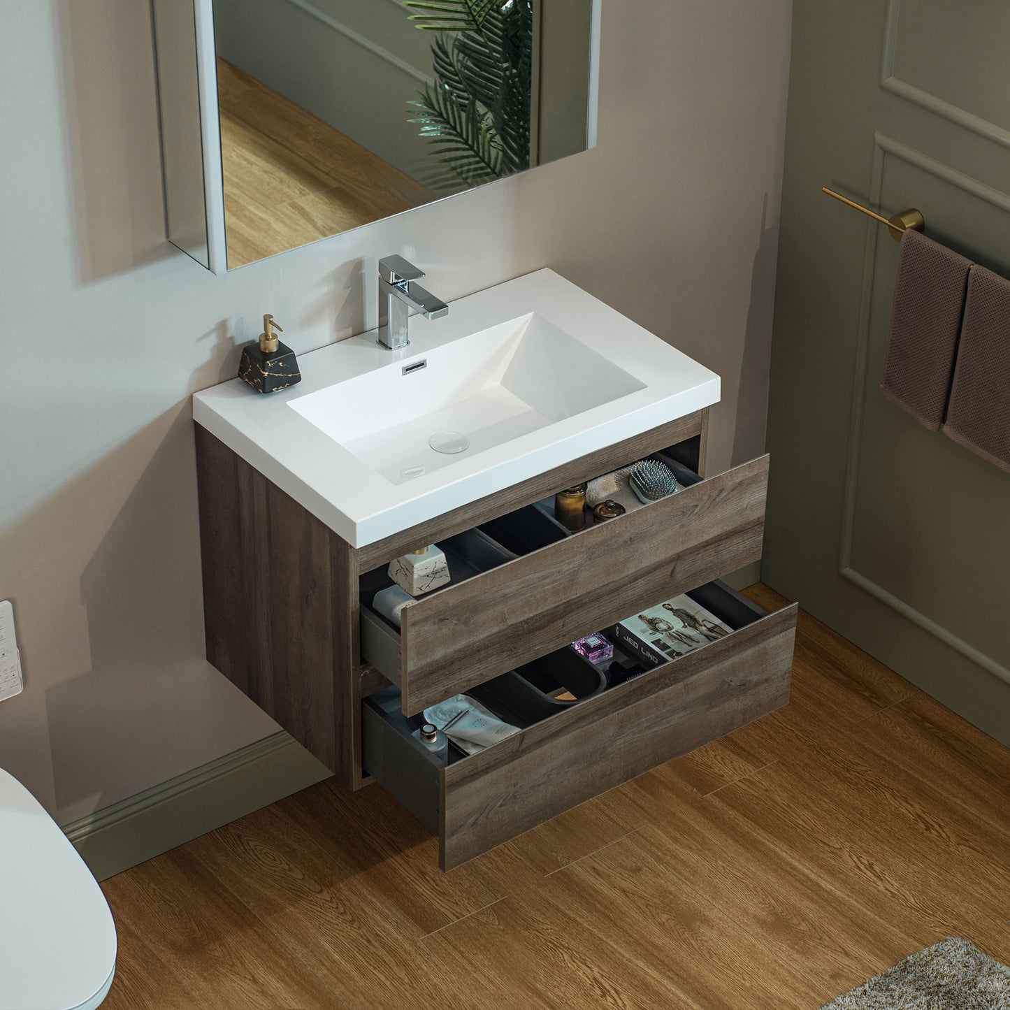 WOODBRIDGE | Wall-Mounted Floating Bathroom Vanity | Glossy White Resin Top | Gray Oak Cabinet