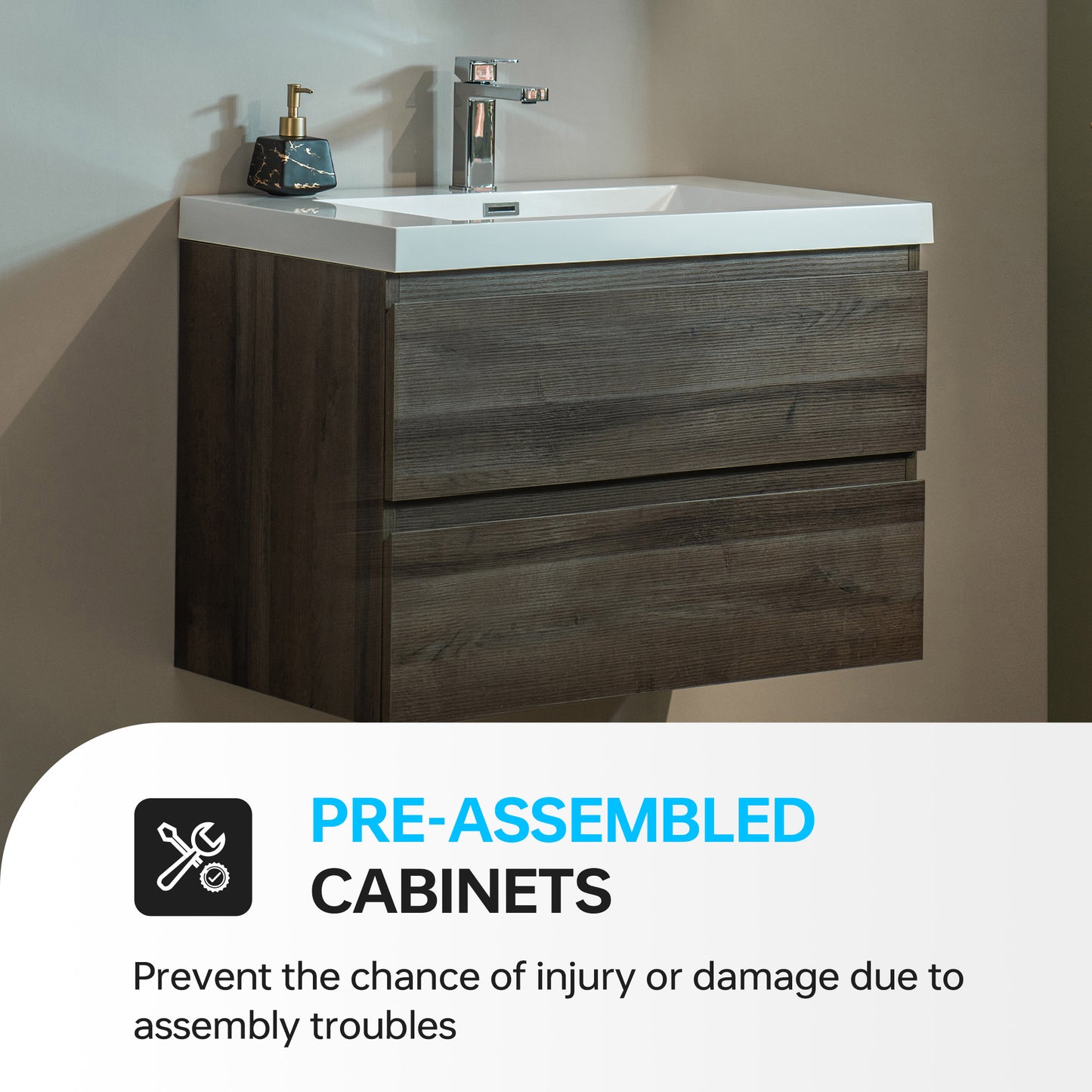 WOODBRIDGE | Wall-Mounted Floating Bathroom Vanity | Glossy White Resin Top | Gray Oak Cabinet