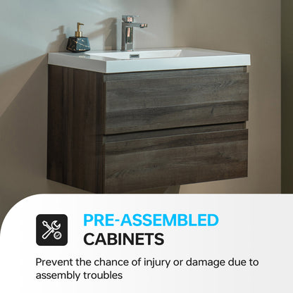 WOODBRIDGE | Wall-Mounted Floating Bathroom Vanity | Glossy White Resin Top | Gray Oak Cabinet