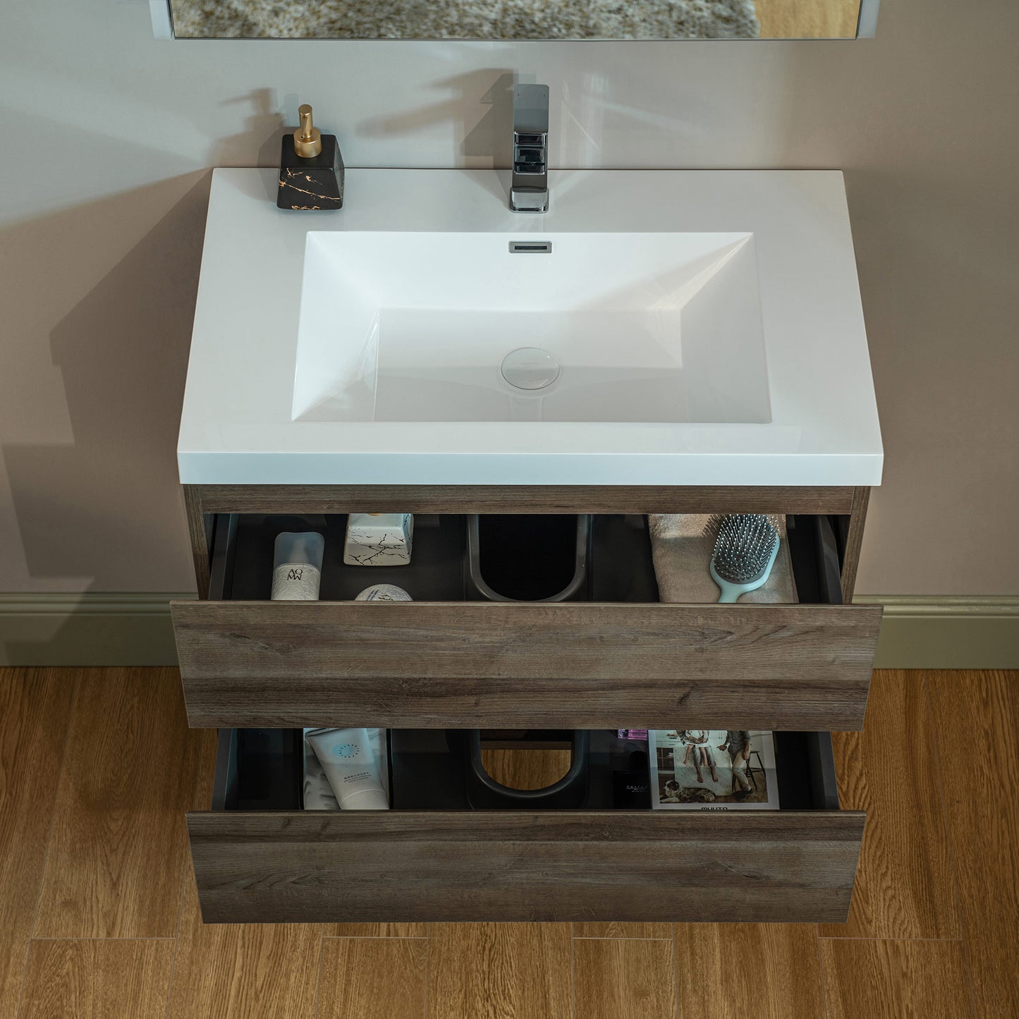 WOODBRIDGE | Wall-Mounted Floating Bathroom Vanity | Glossy White Resin Top | Gray Oak Cabinet