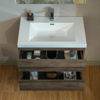 WOODBRIDGE | Wall-Mounted Floating Bathroom Vanity | Glossy White Resin Top | Gray Oak Cabinet